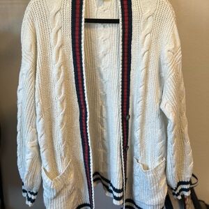 American Eagle Outfitters White Cardigan with Red and Blue Trim